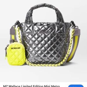 MZ Wallace Metallic Silver Quilted Mini Bag with Neon Accents